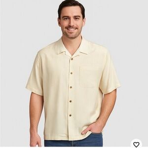 Jamaica Jaxx Cream 100% Silk Hawaiian Shirt Palm Leaf Jacquard Print Large